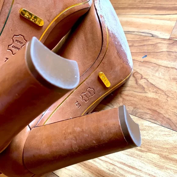 Lauren Ralph Lauren 7-1/2 camel leather high heel open toe buckle ankle booties - Picture 7 of 11